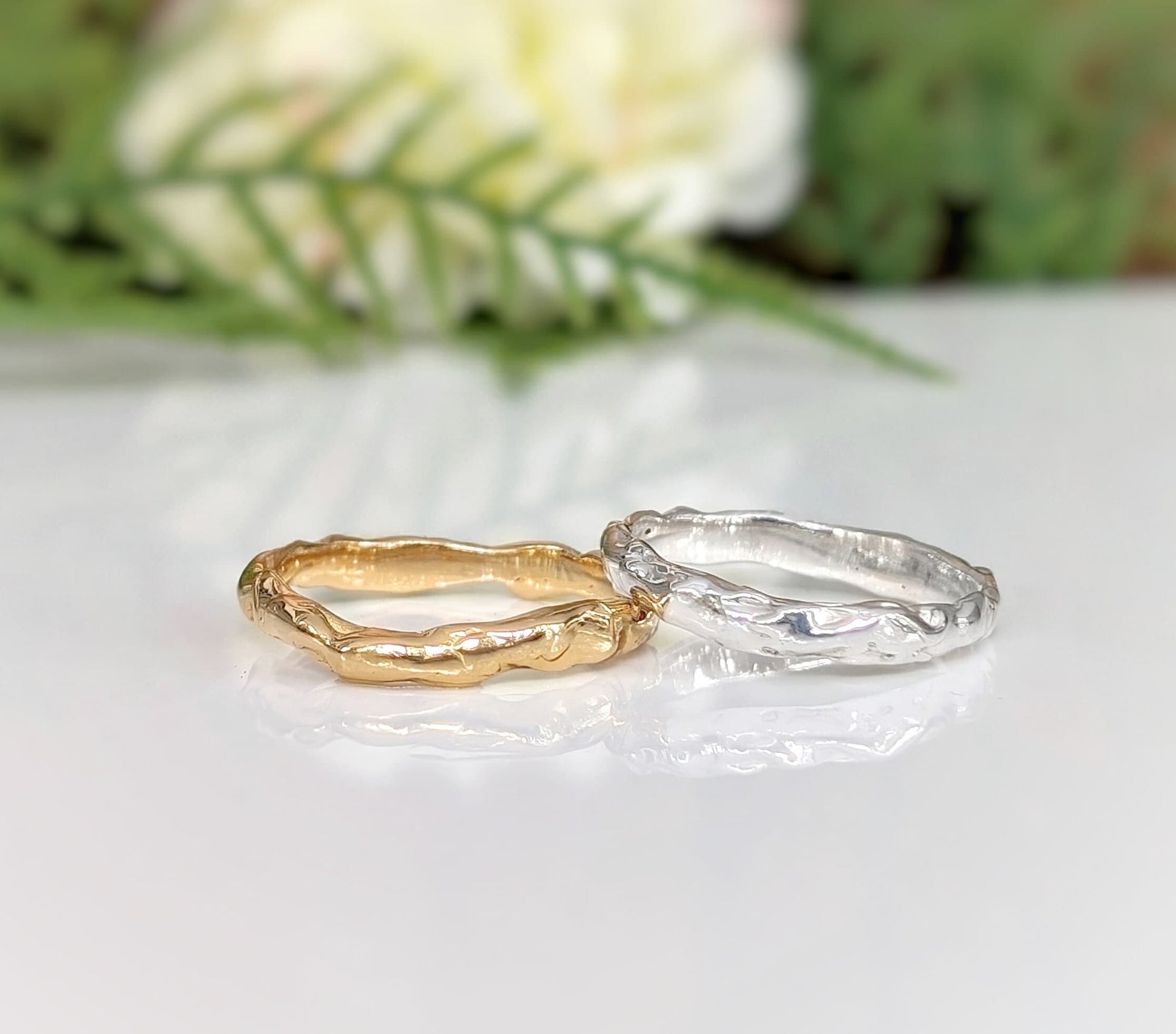 Set of 2 Set of two Solid 14k Gold and Sterling Silver molten textured bands