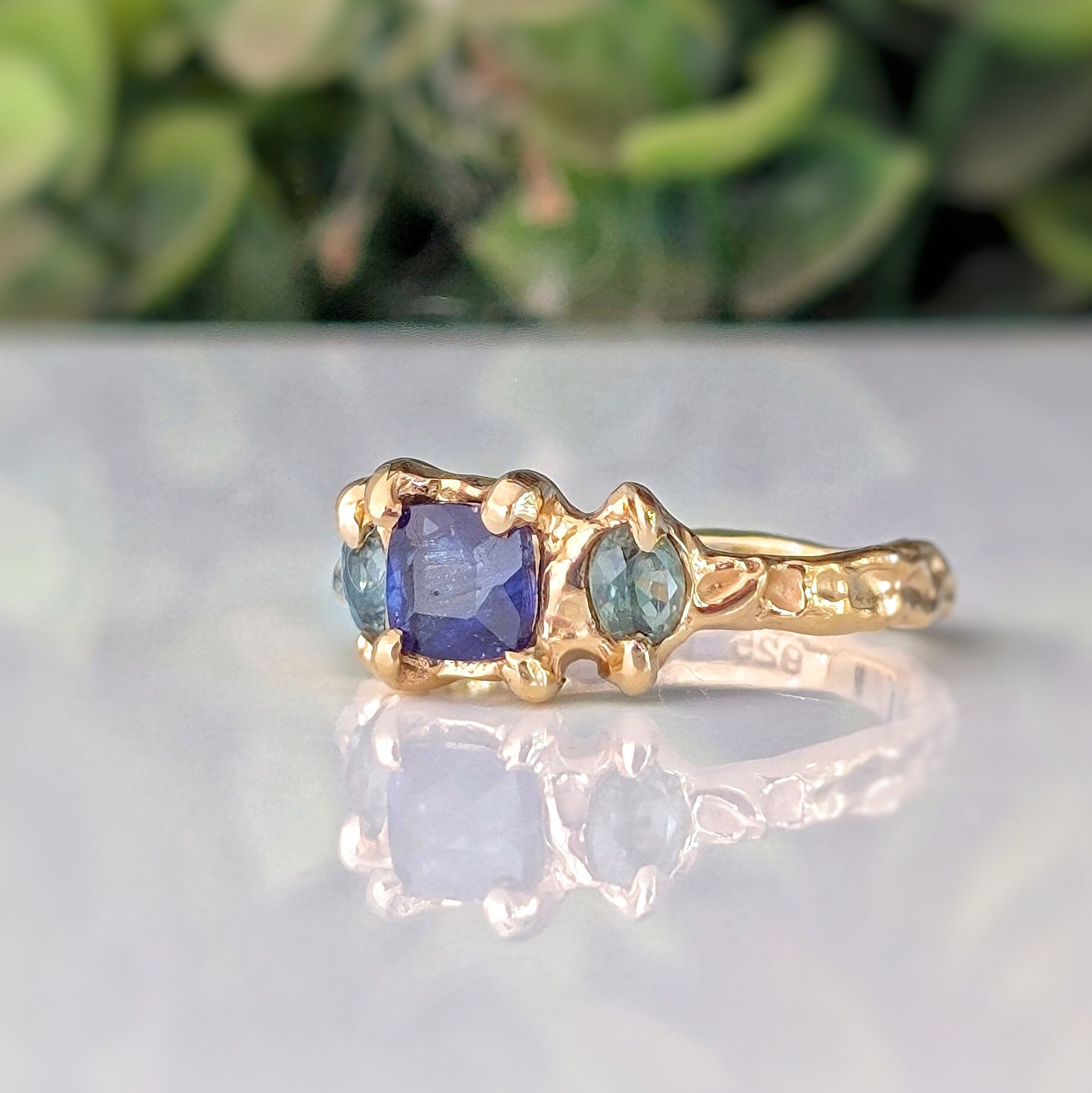 Blue Sapphire and Tourmaline engagement ring in Solid Sterling