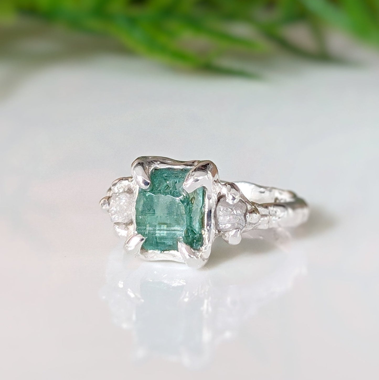Raw Emerald and diamond engagement ring in Solid 14k Gold